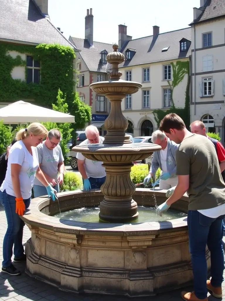 A group of volunteers cleaning and restoring a historical fountain in the center of Beuvron-en-Auge, demonstrating community involvement in preservation efforts.