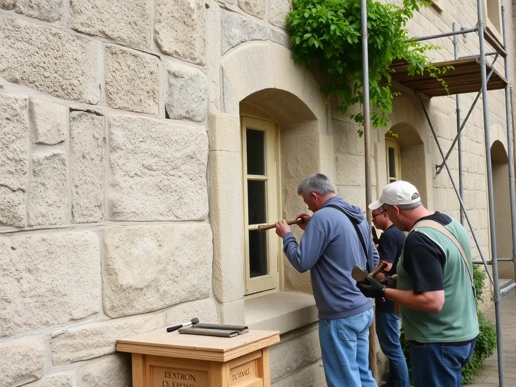 A photograph showcasing volunteers working on the restoration of a historical building in Beuvron-en-Auge, with traditional tools and techniques being used.