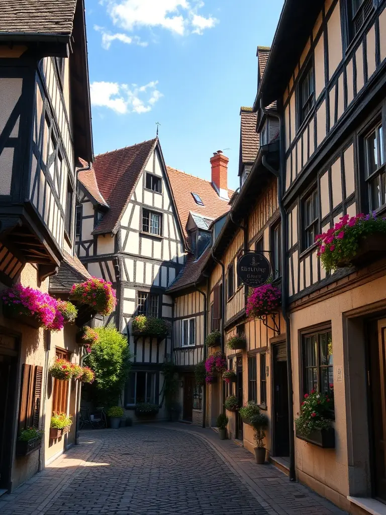 A picturesque view of the half-timbered houses in Beuvron-en-Auge, showcasing the architectural style the association is dedicated to preserving. The image should evoke a sense of history and charm.