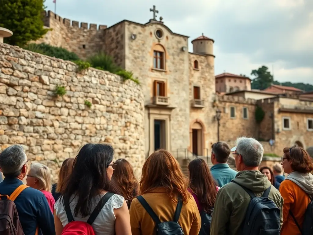 A photograph of children participating in a historical tour of Beuvron-en-Auge, led by a knowledgeable guide.