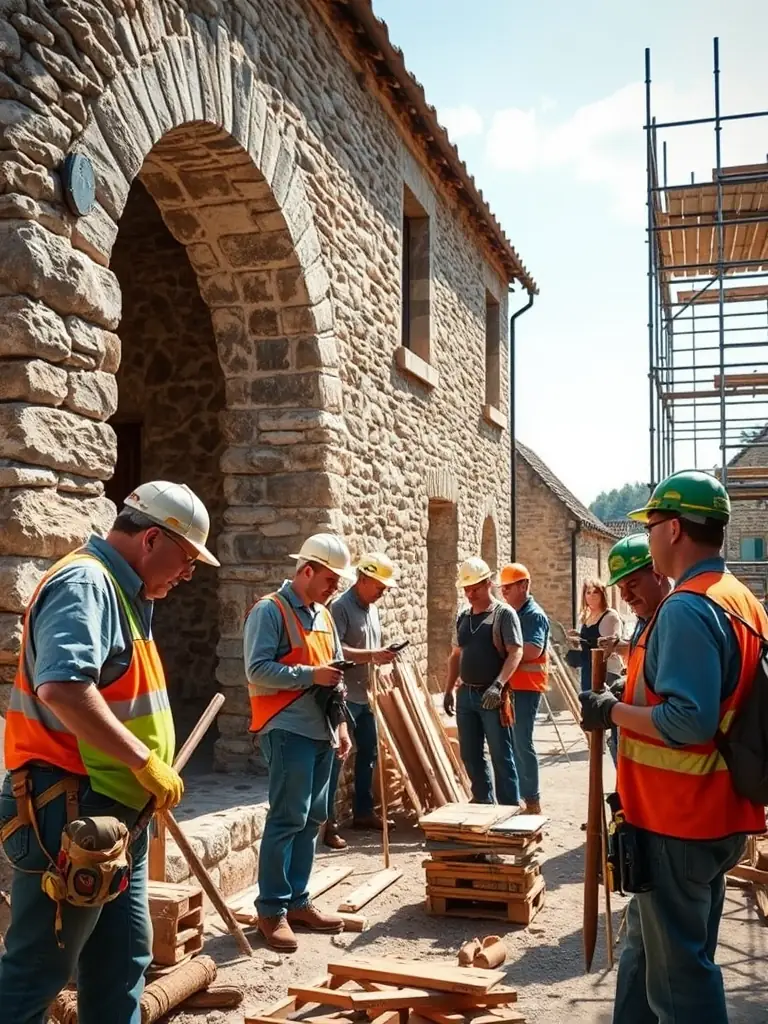 A photograph capturing volunteers restoring a traditional half-timbered house in Beuvron-en-Auge, showcasing the association's commitment to preserving architectural heritage.