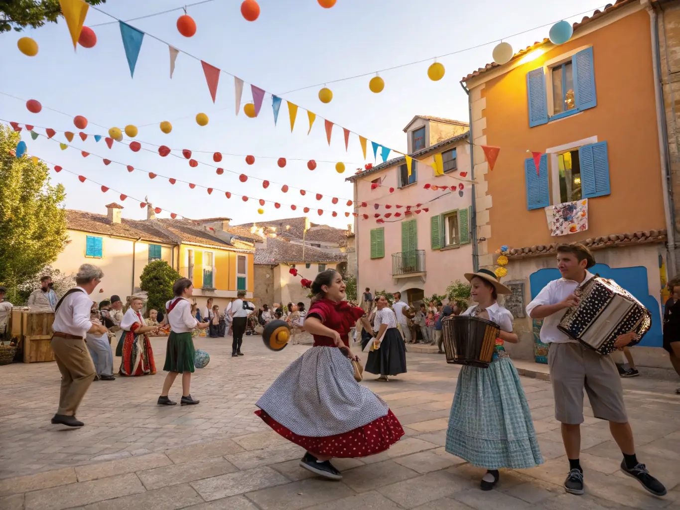 A photograph capturing a community event in Beuvron-en-Auge, showcasing traditional music, dance, and local crafts.